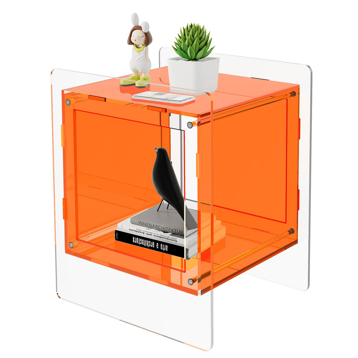 KSacry Acrylic Nightstand Orange Acrylic Side Table Night Stands for Bedrooms Acrylic Bedside Table with Open Storage Shelf