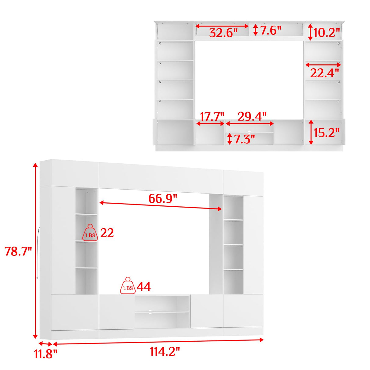 114" Large Wall Unit Entertainment Center with Bookshelves, Lights and 18 Shelves, Modern 4-Piece