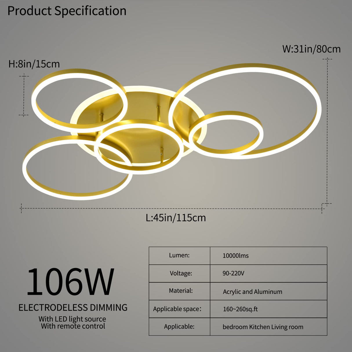 Modern LED Ceiling Light Gold Dimmable 5 Rings Flush Mount Ceiling Light Fixtures