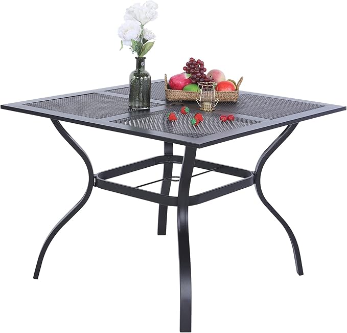 Large Outdoor Patio Table for 8 Person, 60" Square Metal Steel Slat Table with 1.57"-1.9" Adjustable Umbrella Hole, Weather-Resistant Outdoor Dining Table for Deck Backyards, Brown
