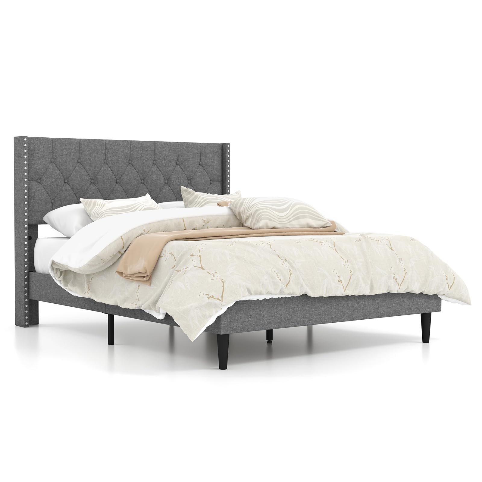 Full Size Upholstered Platform Bed Frame with Tufted Headboard