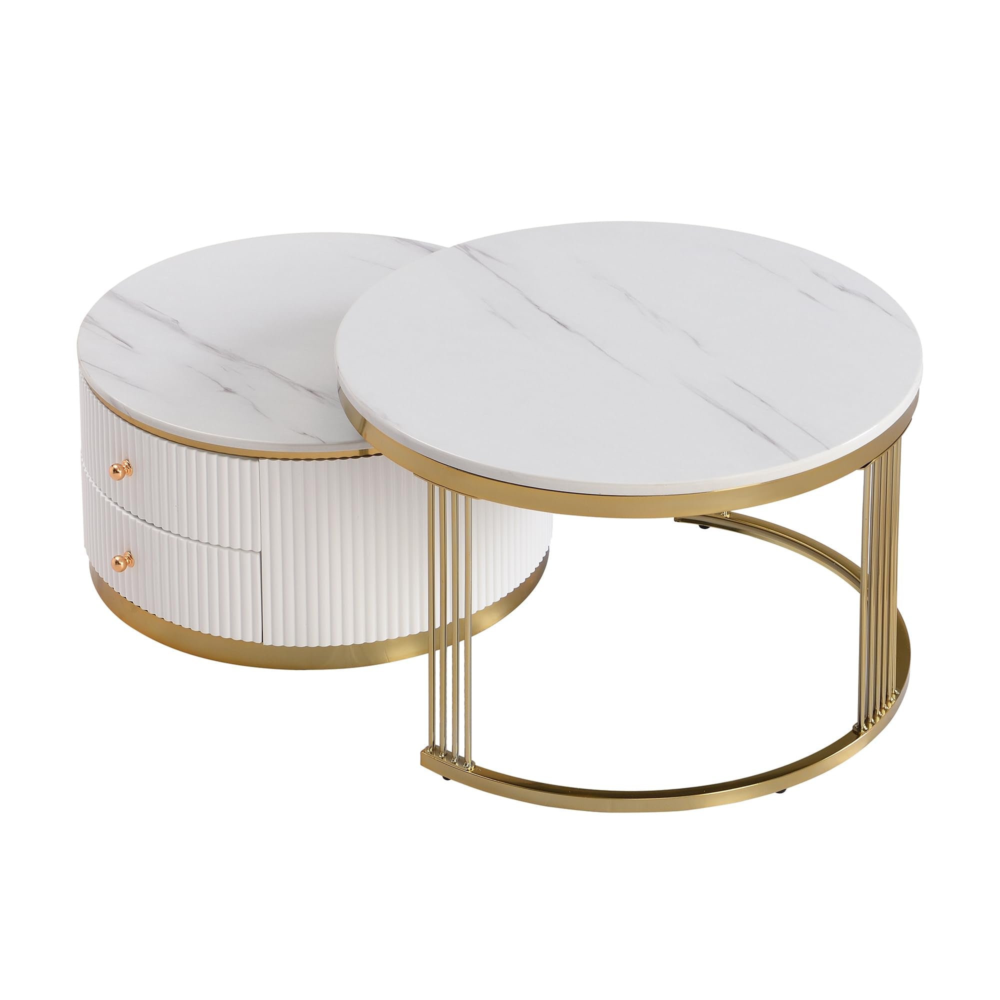 Modern Round Nesting Coffee Tables Set of 2, White with Gold Base