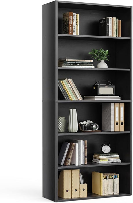 Industrial 6 Shelf Bookcase - Large 63 Inch Tall Floor Standing Open Bookshelf for Home Office, Living Room, and Bedroom Storage, Classic Black