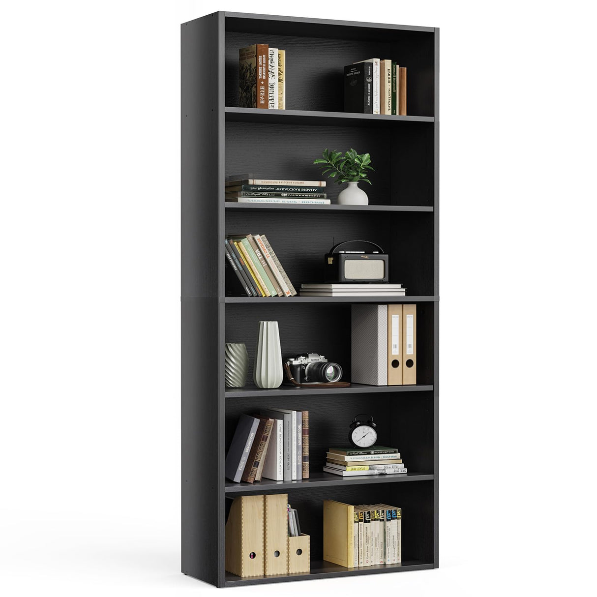 Industrial 6 Shelf Bookcase - Large 63 Inch Tall Floor Standing Open Bookshelf for Home Office, Living Room, and Bedroom Storage, Classic Black