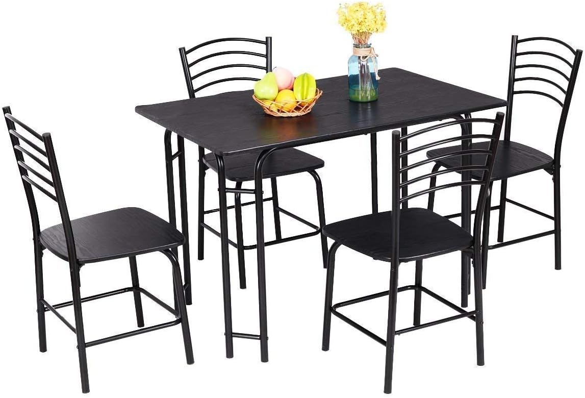 Giantex 5 PCS Dining Table Set 4 Person, Modern Kitchen Table and 4 Chairs, Wooden Top and Metal Legs, Home Dining Room Breakfast Furniture Rectangular Table, Black