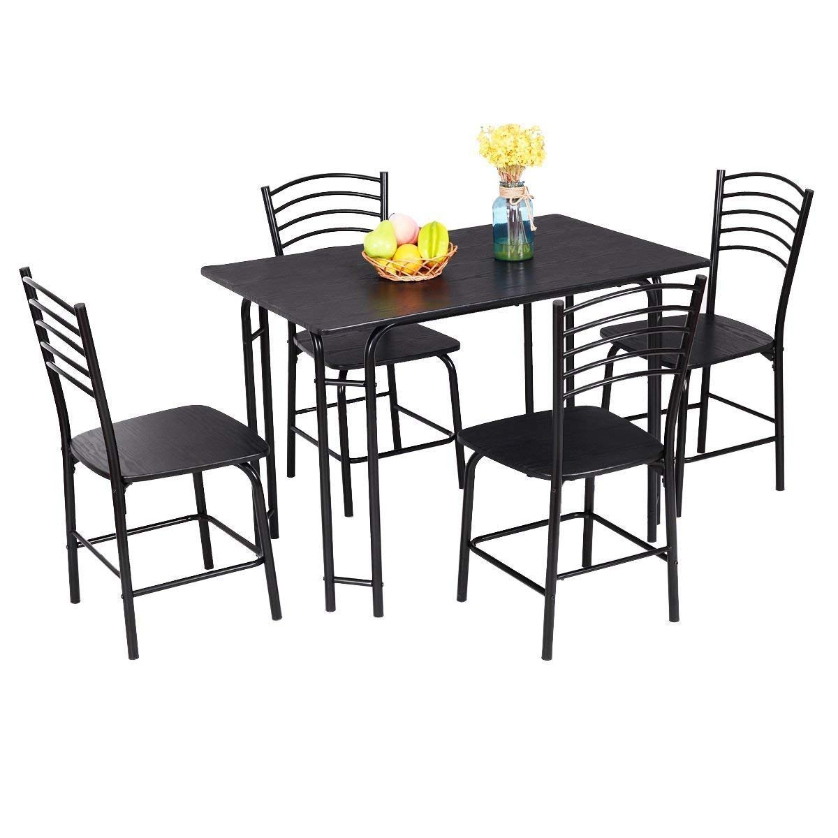 Giantex 5 PCS Dining Table Set 4 Person, Modern Kitchen Table and 4 Chairs, Wooden Top and Metal Legs, Home Dining Room Breakfast Furniture Rectangular Table, Black