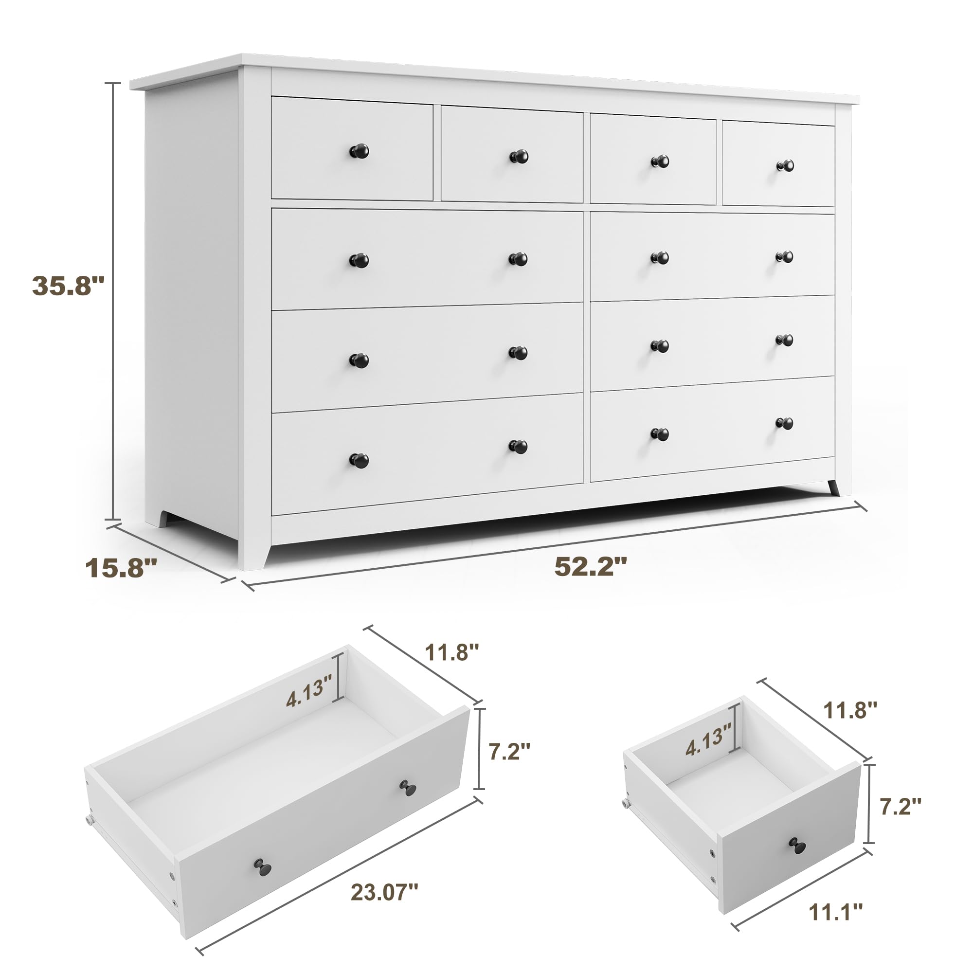 White Dresser, Dresser for Bedroom with 10 Drawers Wood Dresser with Smooth Metal Rail