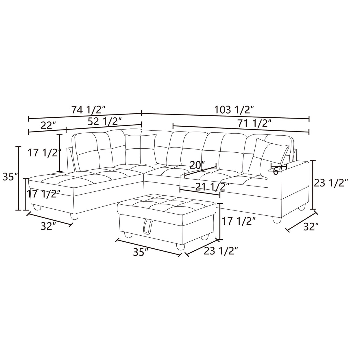 MMTGO 3-Piece L Shape Sectional Sofa, with Right Chaise, Storage Ottoman and Button Tufted Backrest, Modern Linen Living Room Couch Set for Office and Apartment