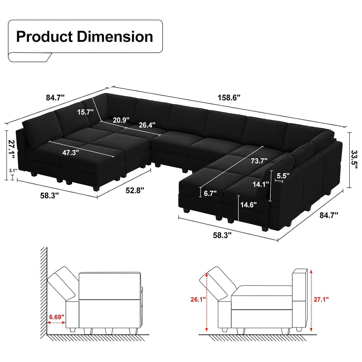 Oversized Modular sectional Sofa with Double Chaises U Shaped Sectional