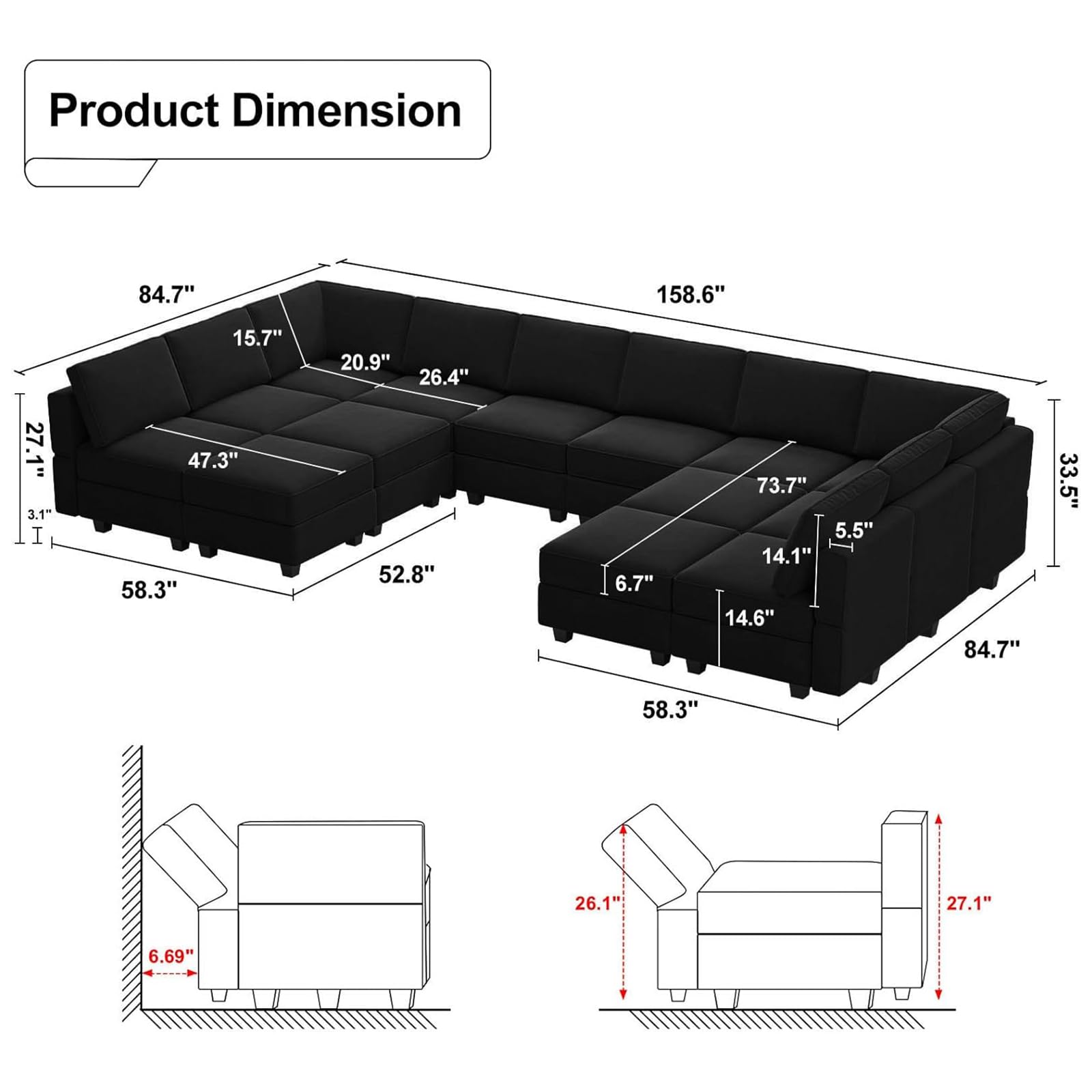 Oversized Modular sectional Sofa with Double Chaises U Shaped Sectional