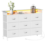 White Dresser with LED Light for Bedroom 9 Drawer Dressers with Charging Station