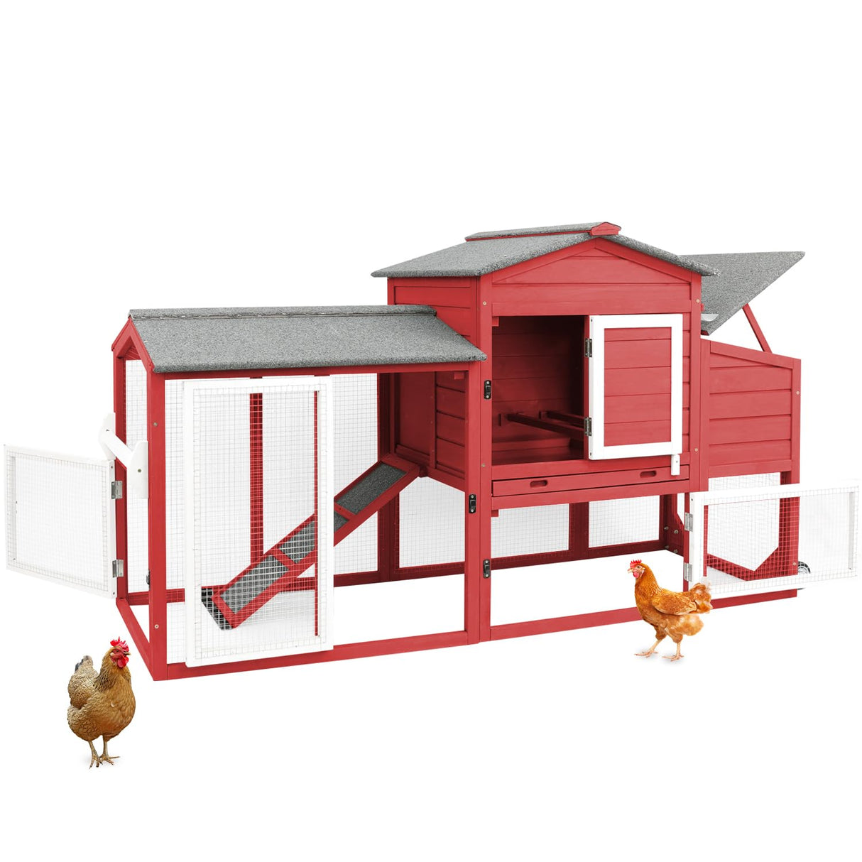 Chicken Coop Chicken House Outdoor with Removable Trays, Wooden Rabbit Hutch Poultry Cage with Nesting Box, Indoor Hen House Chicken Cage with Ramp for Garden Backyard (RED)