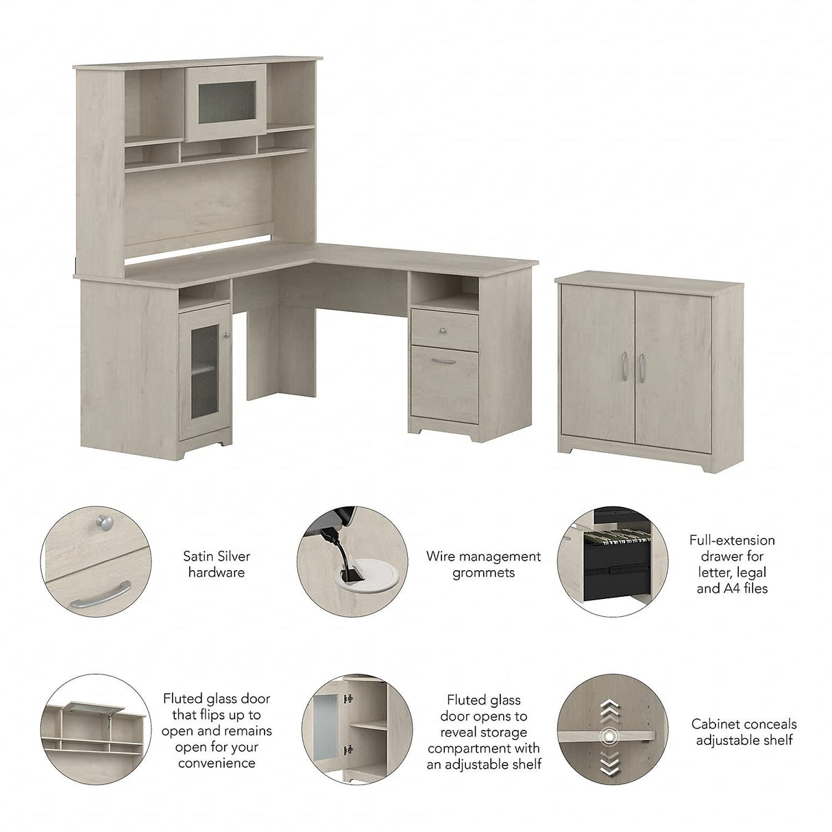 Cabot L Shaped Desk with Hutch and Small Storage Cabinet with Doors