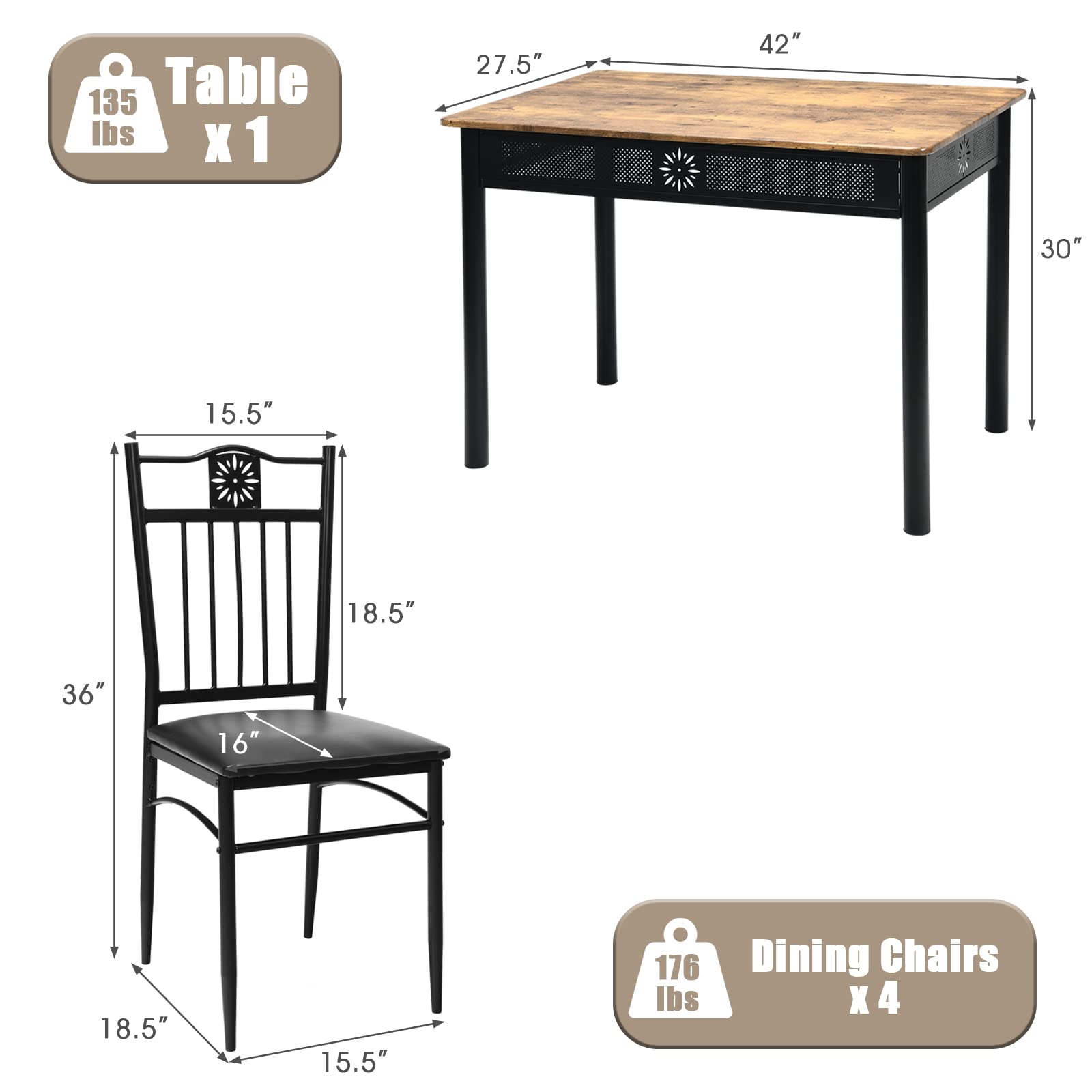 5 Pieces Dining Table Set, Modern Kitchen Table Set for 4 Person, 42” Rectangular Table w/ 4 Upholstered Chairs,