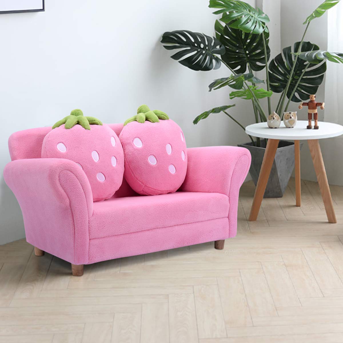 Upholstered Toddler Couch Chair with Ergonomic Back & 2 Strawberry Pillows, Double Seat Toddler Armchair for Boys Girls