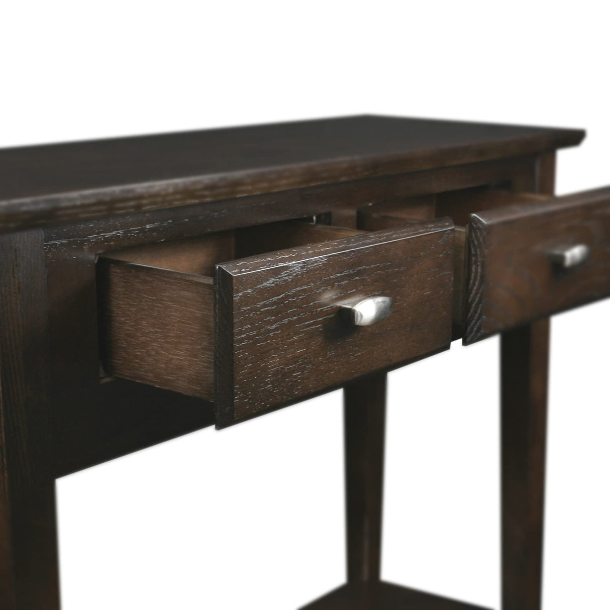 10075-CH Two Drawer Sofa Table Hall Console with Shelf, Chocolate Oak, 11 in x 30