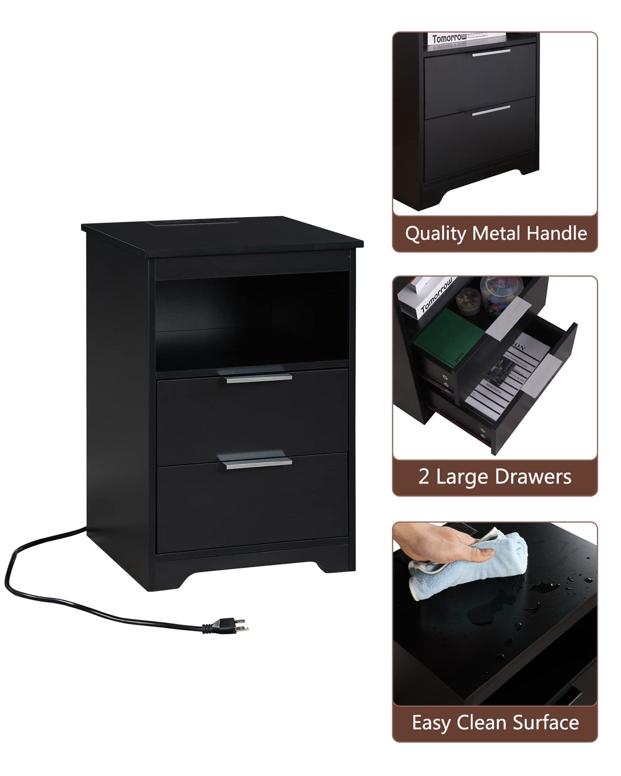 Kavonty Nightstand with Charging Station,End Table with 2 Drawers,Wooden End Table with Drawer and Opening Shelf,Side Table for Bedroom, Black