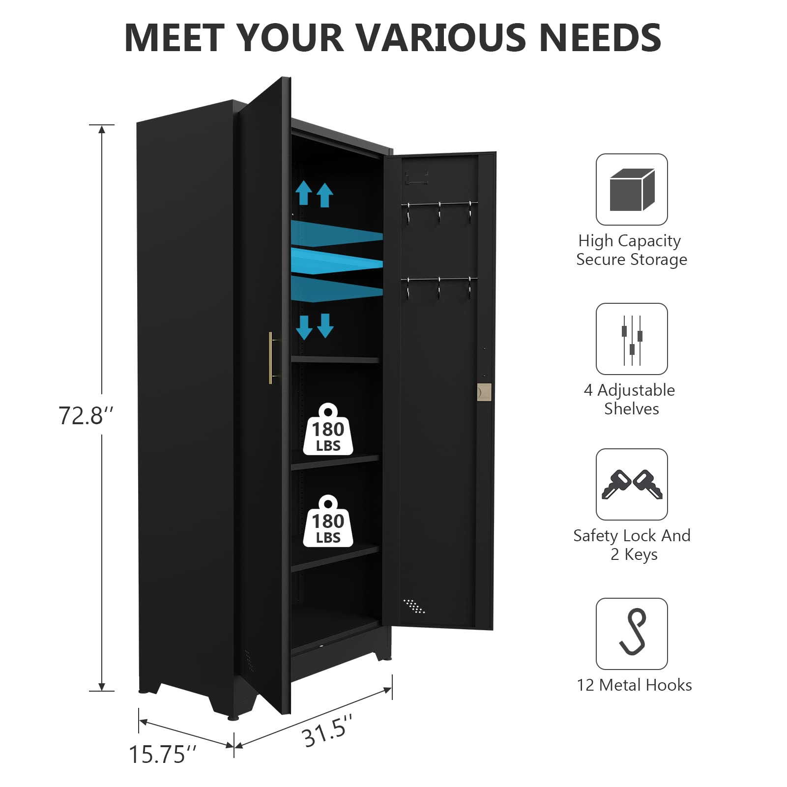 Storage Cabinet with Locking Doors and 4 Shelves Tall Lockable Cabinet with Keys Steel