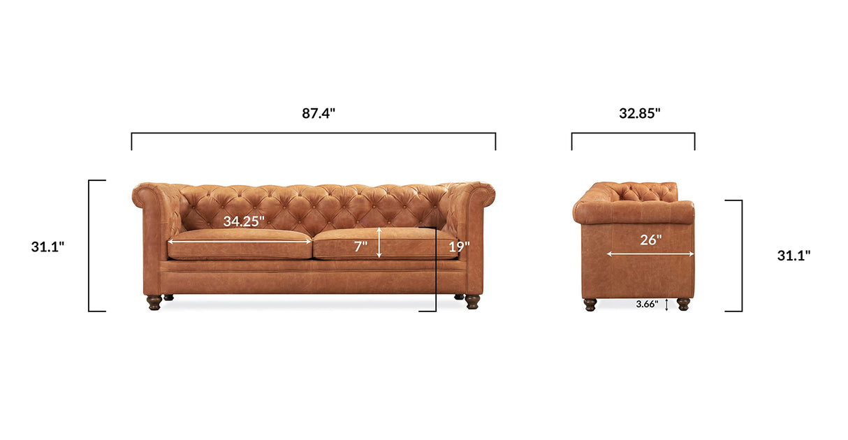 Lyon 87.4" Sofa in Full-Grain Pure-Aniline Italian Tanned Leather in Cognac Tan