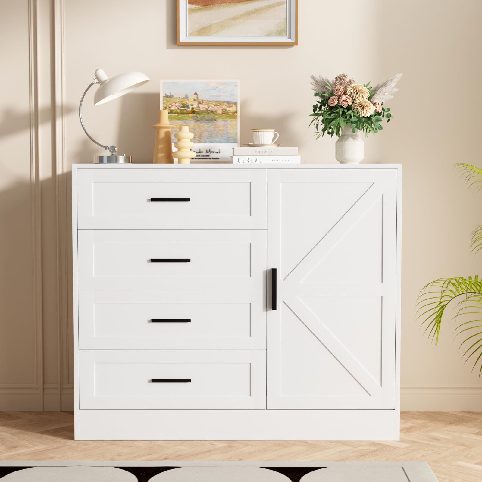 4 Drawer Dresser with Barn Door, Wooden Storage Cabinet with Drawers and Shelves