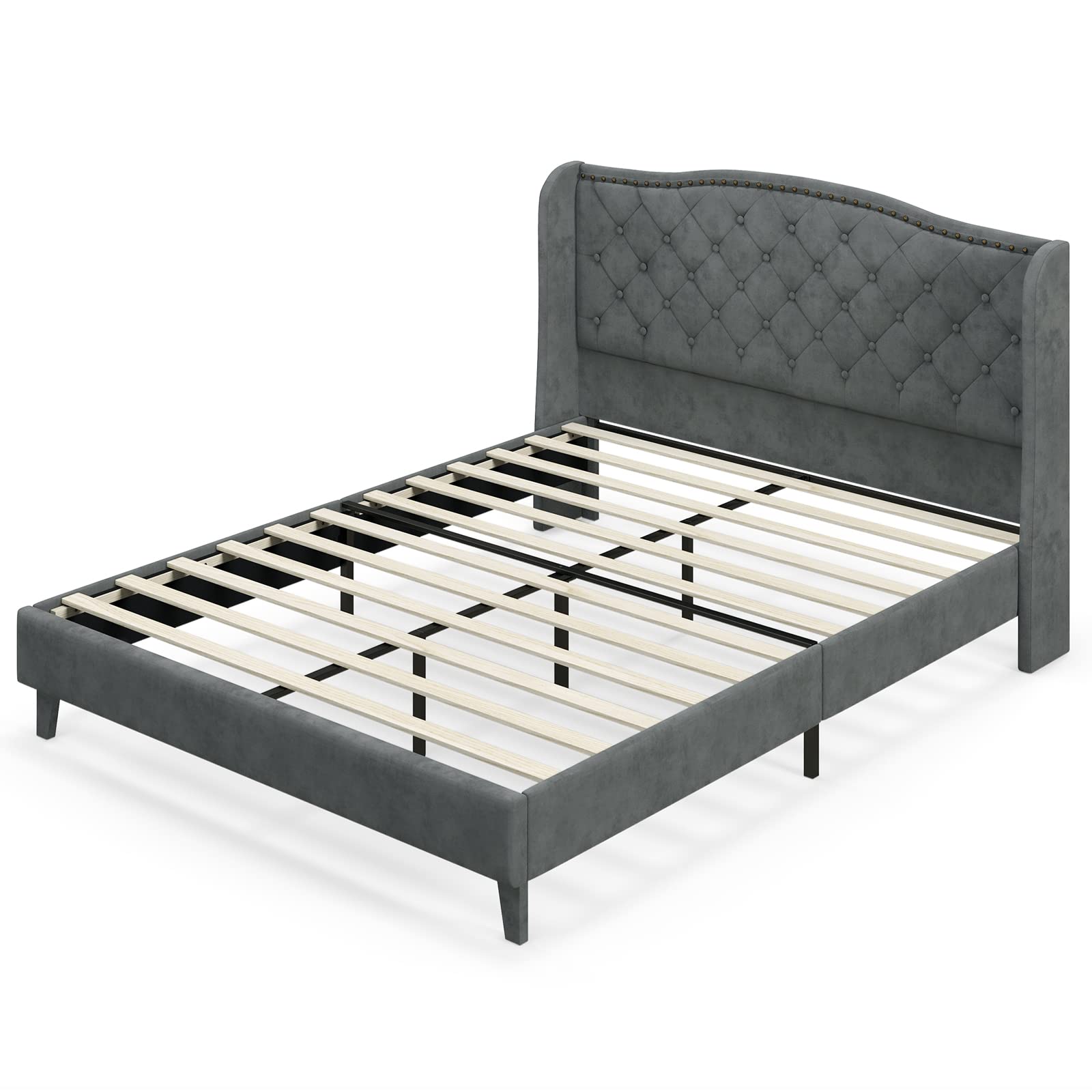 Velvet Upholstered Bed Frame, Wingback Platform Bed