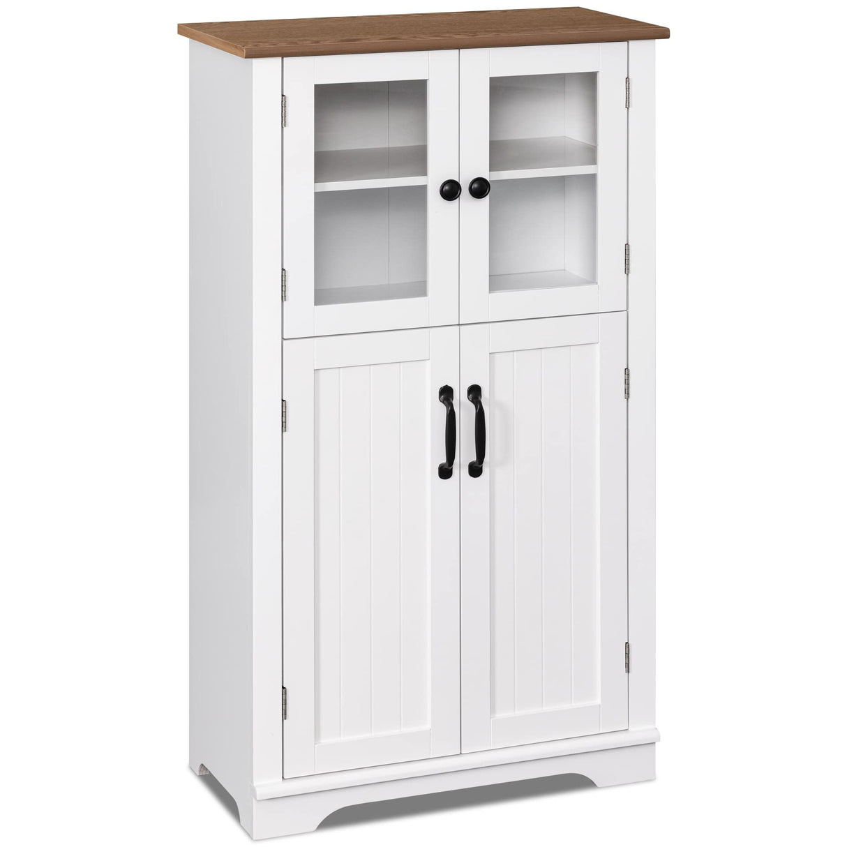 Bathroom Storage Cabinet with Glass Doors, Farmhouse Wooden Free Standing Cupboard