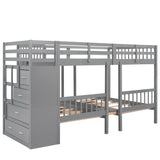 Bed with Stairs and Storage Drawers Full Over Twin & Twin 3 Bunk Beds for Kids Wooden