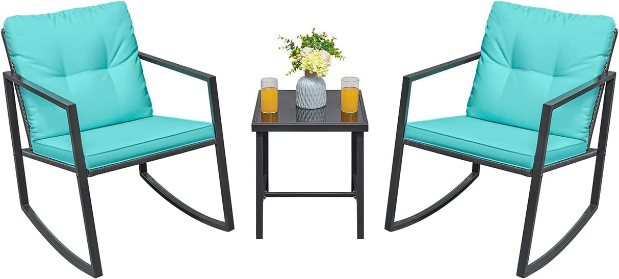 3-Piece Blue Wicker Patio Sofa Set with Rocking Bistro Chairs
