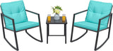 3-Piece Blue Wicker Patio Sofa Set with Rocking Bistro Chairs