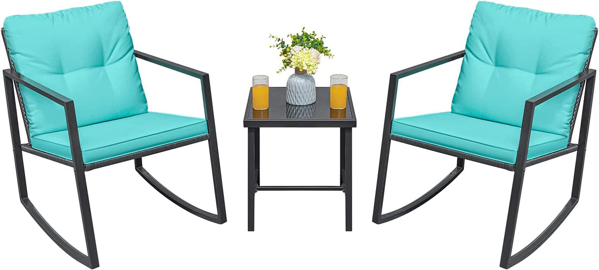 3-Piece Blue Wicker Patio Sofa Set with Rocking Bistro Chairs