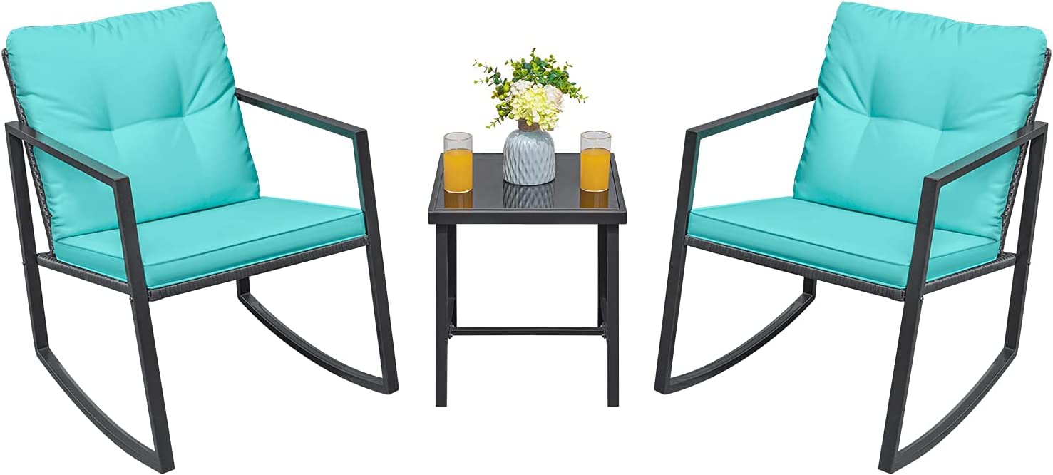 3-Piece Blue Wicker Patio Sofa Set with Rocking Bistro Chairs