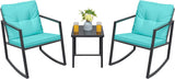 3-Piece Blue Wicker Patio Sofa Set with Rocking Bistro Chairs