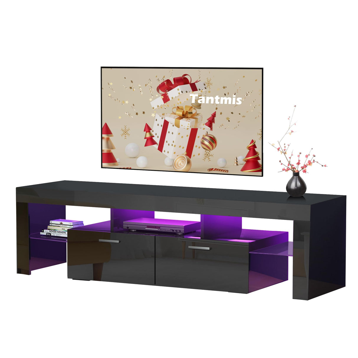 Black LED TV Stand for 55/65/70/75 inch TV, TV Media Center, Modern Entertainment