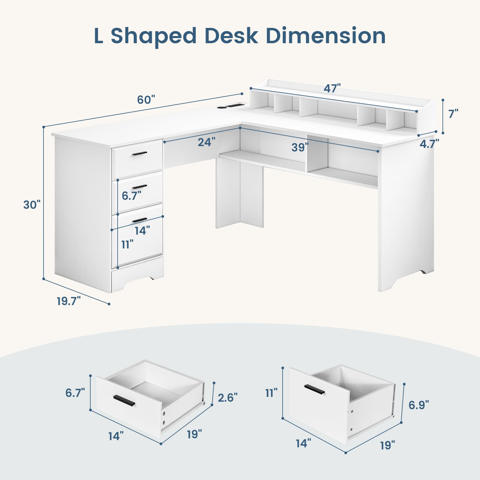 WhiteDesk 60W L-Shaped Office Desk with Storage Drawers & Power Outlet