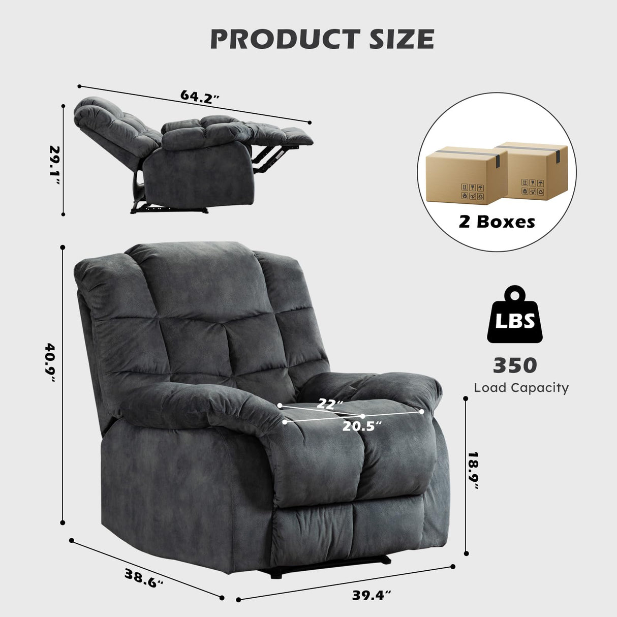 Single Recliner Chairs for Living Room Overstuffed Breathable Fabric Reclining Chair