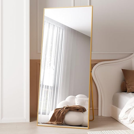 Full Length Mirror, 76"x34" Gold Oversized Tempered Floor Mirrors with Stand