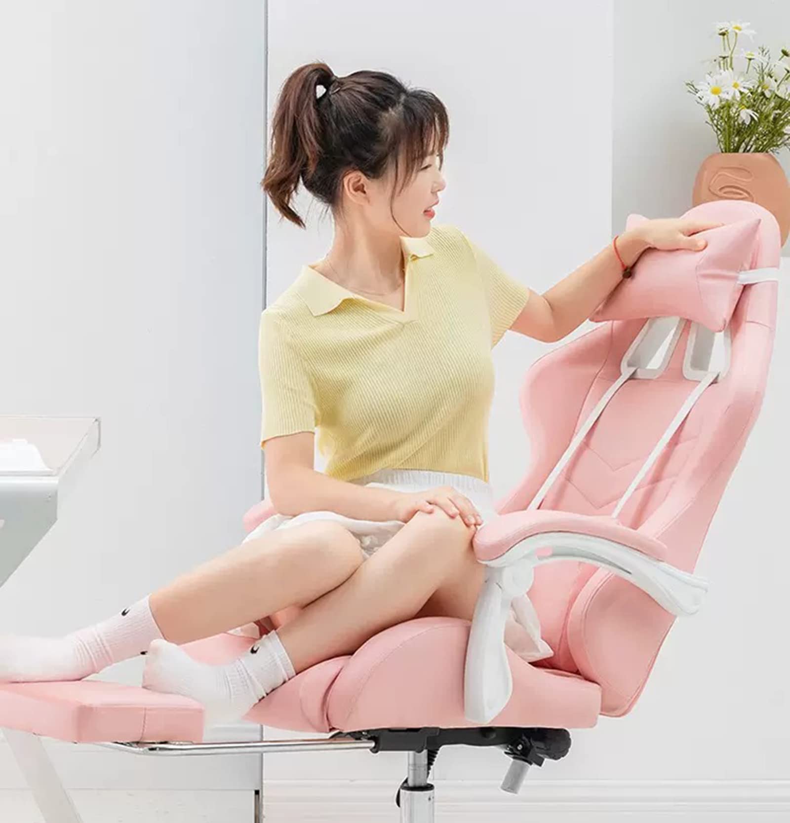 White Gaming Chair for Girls,Adult Computer Chair with Footrest