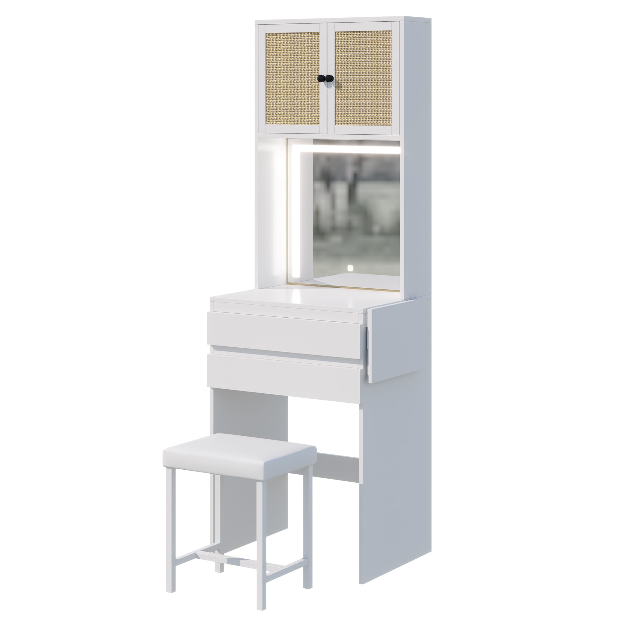 Small Makeup Vanity Desk with Mirror and Lights, Chair, Fold-up Panel, Rattan Cabinet