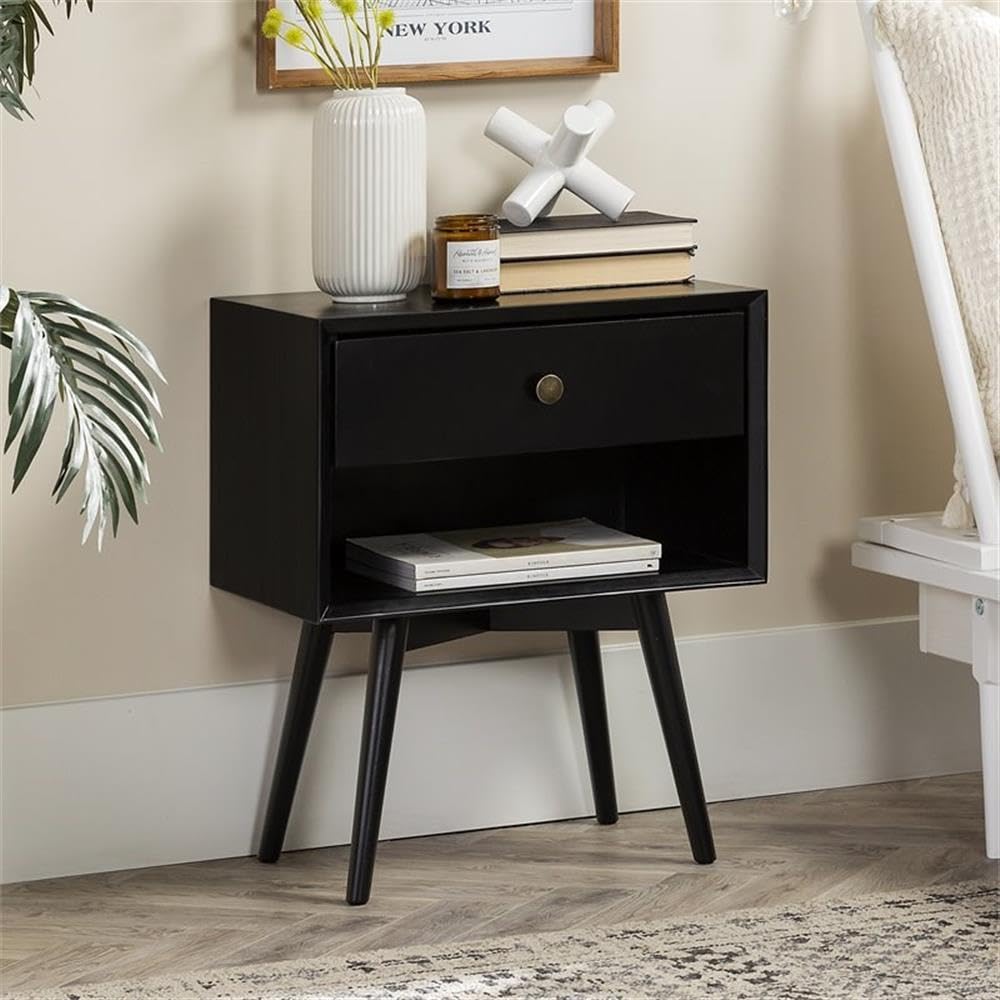 Ella Mid Century Modern 1 Drawer Solid Wood Nightstand, 1 Pack, Black