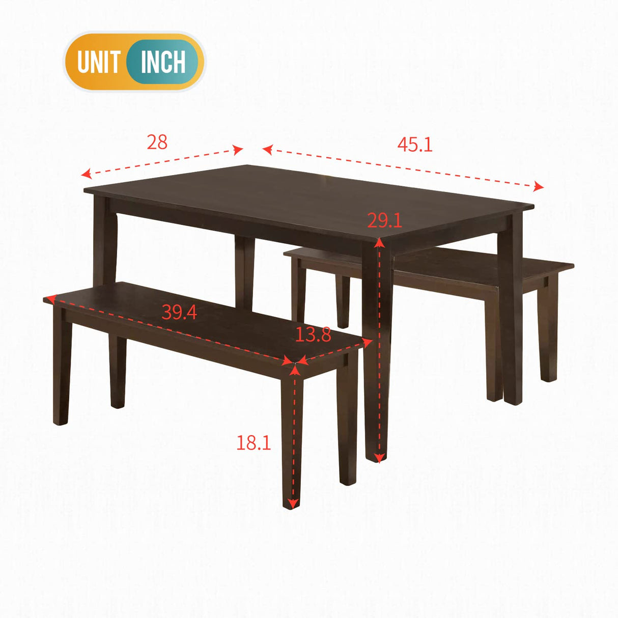 Modern 45 Inch Dining Table Set Solid Wood Kitchen Table with Two Benchs Dining Room