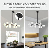 Modern Linear Chandelier Black Hanging Pendant Light with Milky White Glass Globe Lampshade Mid Century Sputnik Pendant Light Fixture for Kitchen Island Dining Room 16 Lights