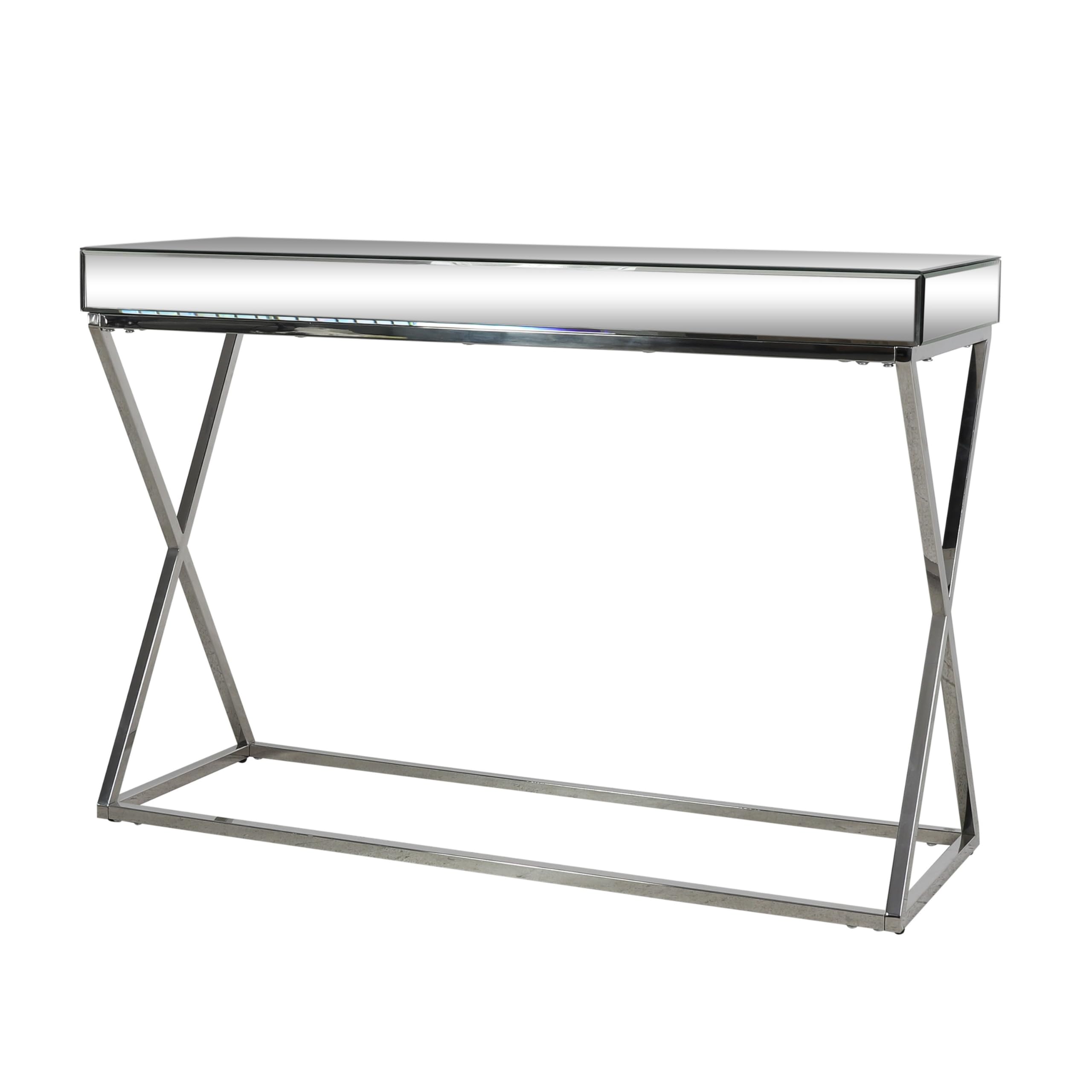 Gei Console Table, 45 Inch Rectangular Mirror Top, Chrome Steel X Base, Silver