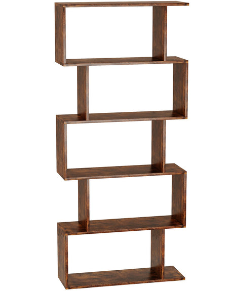 Bookshelf 5-Tier, Geometric Bookcase S Shaped Book Shelves for Bedroom, Modern Industrial Wood Decorative Display Shelf Book Case for Home Office, Rustic Brown