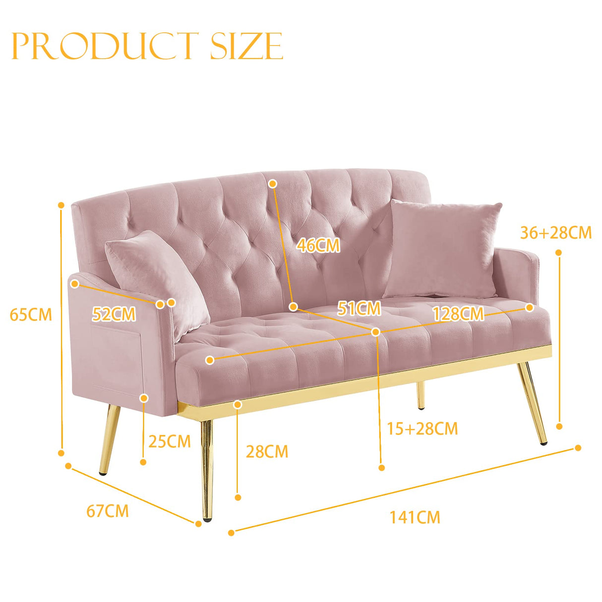 Velvet Loveseat Sofa, Modern Small Sofa Couch with Side Pocket and Golden Metal Legs, Tufted Leisure Sofa for Living Room, Bedroom, Office, Pink