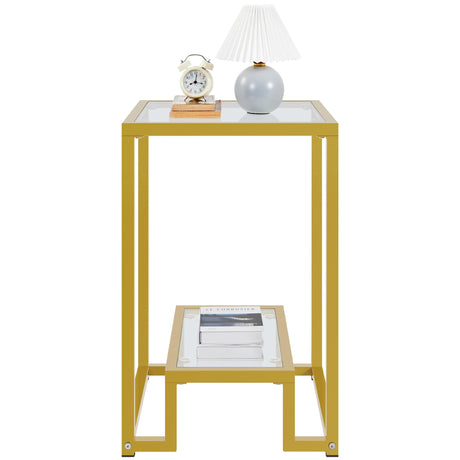 Glass Side Table, Tempered Glass Gold End Table with Shelf and Sturdy Metal Frame