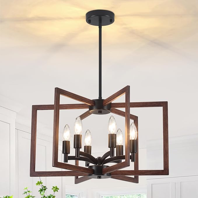 Chandelier Dining Room Light Fixtures,6-Light Kitchen Island Light Rustic Wood Grain