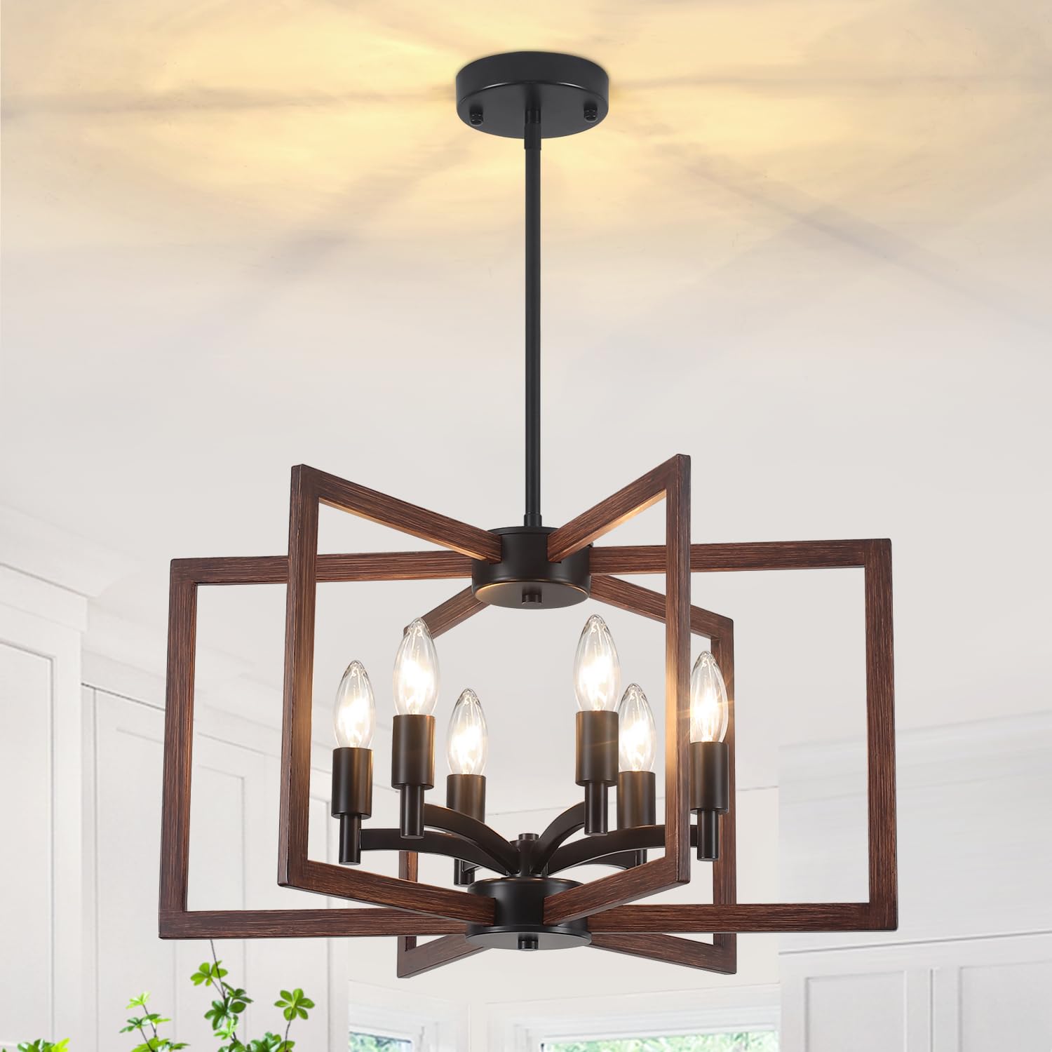 Chandelier Dining Room Light Fixtures,6-Light Kitchen Island Light Rustic Wood Grain