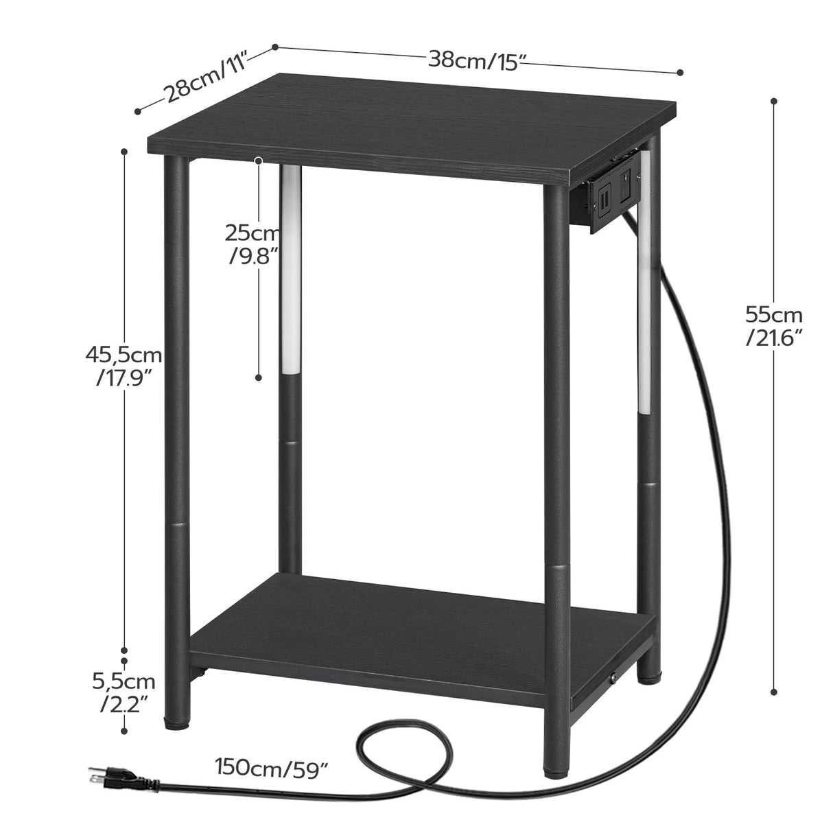 Set of 2 Side Tables with Charging Station and LED Light, End Tables