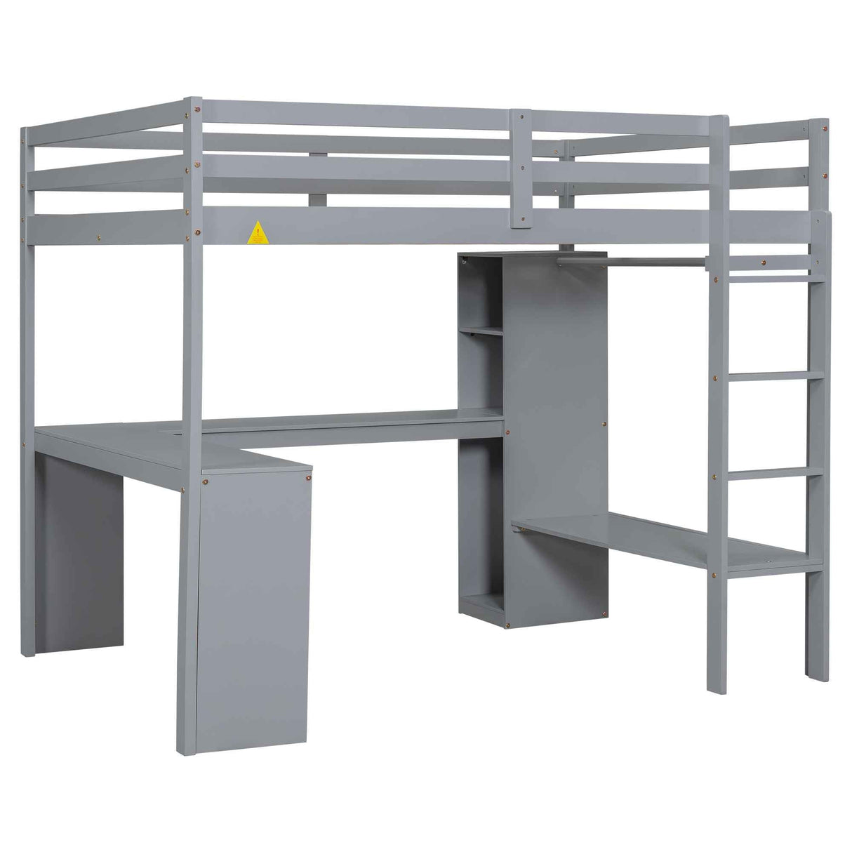 Full Size Loft Bed with Storage Shelves and Hanging Rod, Wooden Highloft Bedframe