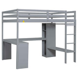 Full Size Loft Bed with Storage Shelves and Hanging Rod, Wooden Highloft Bedframe